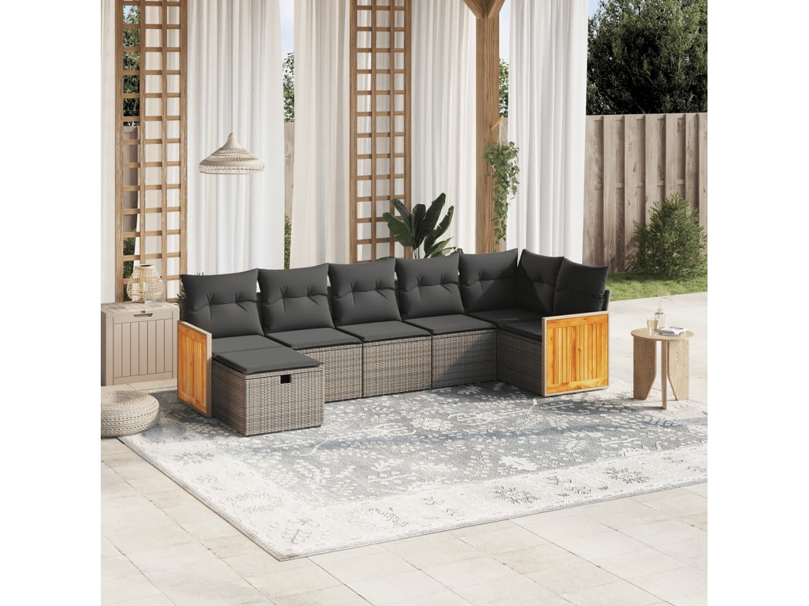Vidaxl 7 Pcs Conjunto Sofás P/ Jardim C/ Almofadões Vime Pe Cinzento