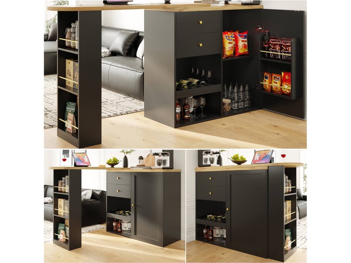 Mesa De Bar Giratoria 360°, Com 2 Cajones E Armario Com Porta Corrediza, 3 Níveis De Espaço De Almacenamiento Aberto Zkaka