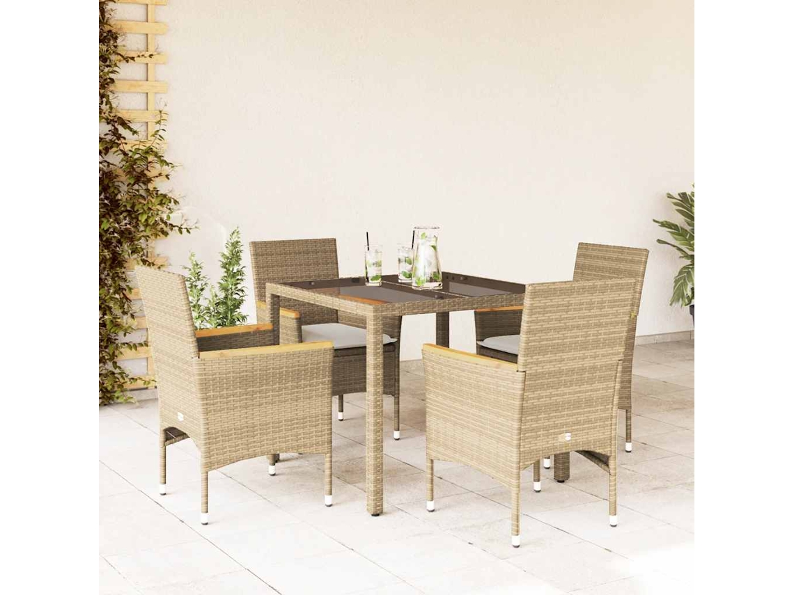 Vidaxl 5 Pcs Conjunto Jantar Jardim Com Almofadões Vime Pe/vidro Bege