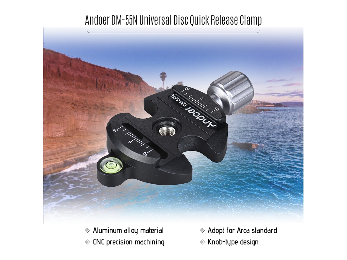 Abraçadeira universal de alumínio Andoer DM-55N com liberação rápida, tipo botão, compatível com Arca Swiss de 1/4" e 3/8"