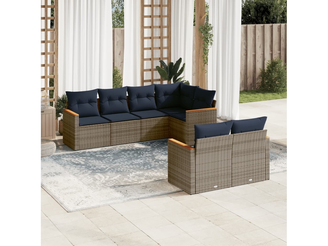 Vidaxl Conjunto De Sofá De Jardim Com 7 Peças E Almofadas Em Rattan Sintético Cinza