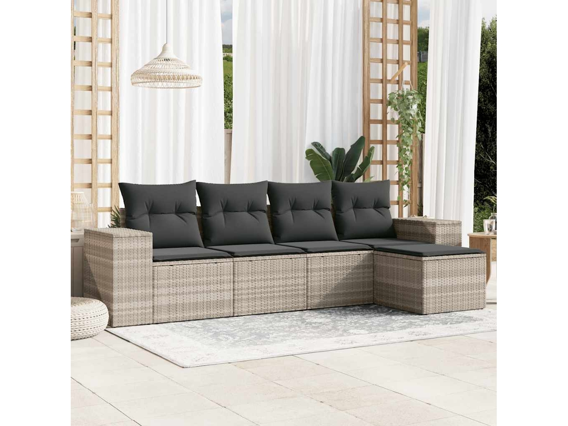 Vidaxl 5 Pcs Conj. Sofás Jardim C/ Almofadões Vime Pe Cinzento-claro