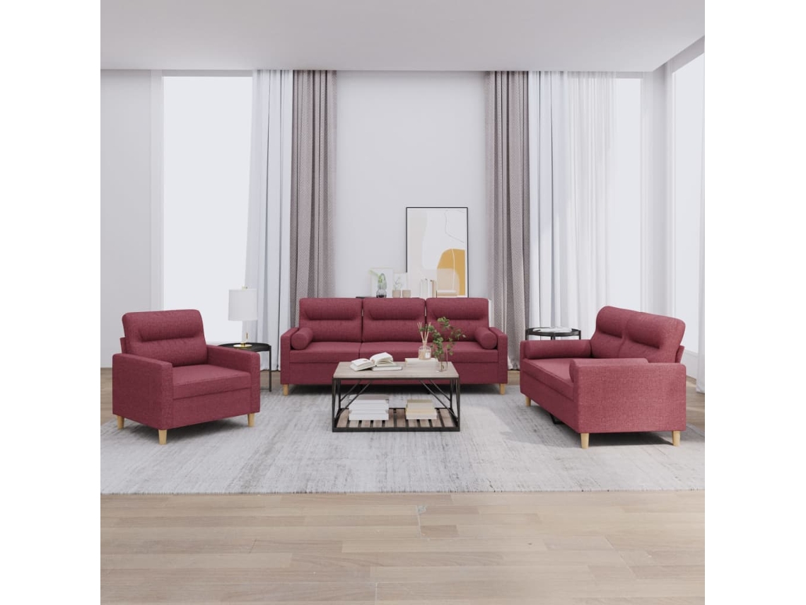 Vidaxl 3 Pcs Conjunto De Sofás Com Almofadas Tecido Vermelho-tinto