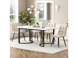 Conjunto Jantar 5pç, Mesa 140x80cm Branca + 4 Cadeiras Linho Cinza, Pernas Pretas.-qq