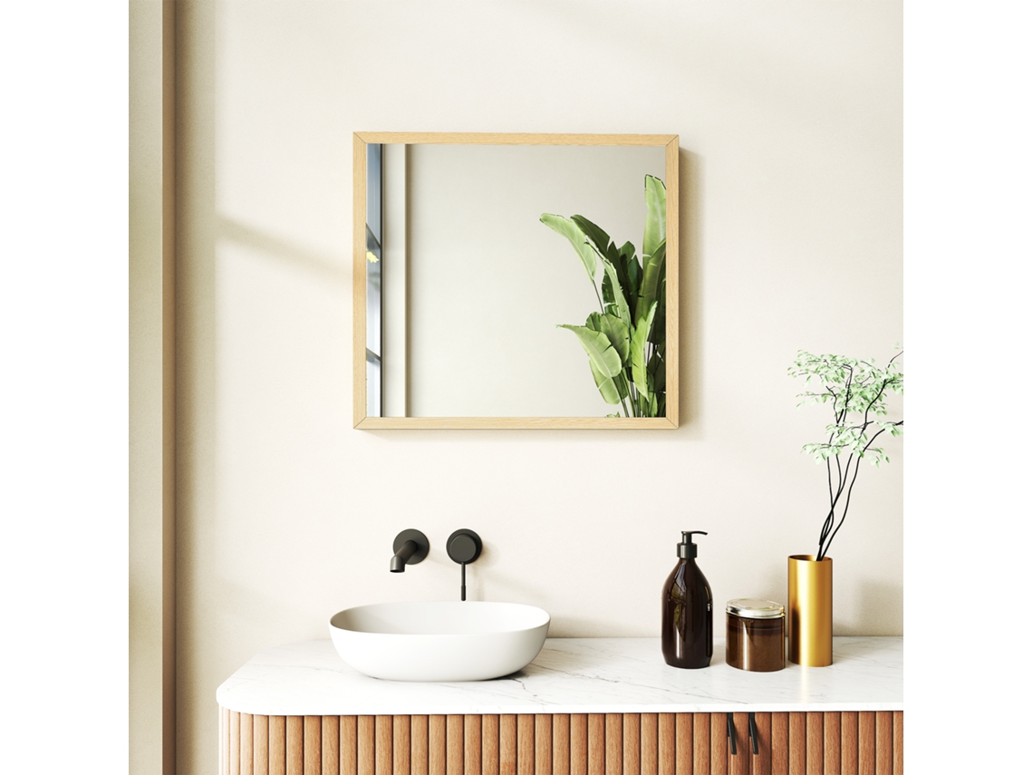 Espelho de Parede Quadrado 50x50 Cm com Moldura de Madeira Natural, Perfeito para Banheiro, Sala Ou Quarto br