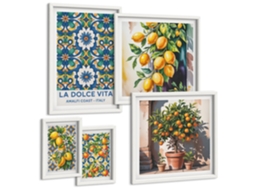 Composição De Quadros Na Parede Limões, Limonada, Portas Azuis Moldura Branca Quadros Para O Escritório Espelharte (conjunto De 5 Imagens)