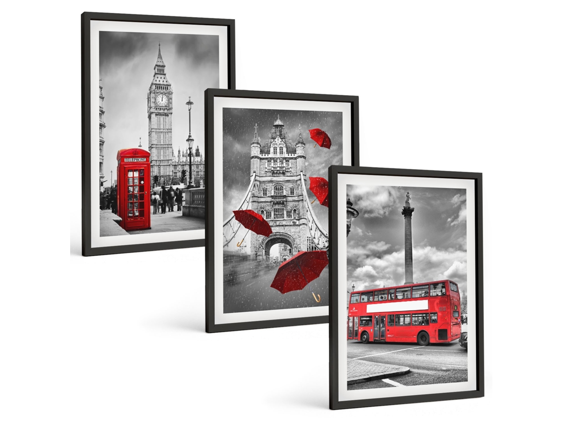 Conjunto De Pinturas Guarda-chuva Vermelho, Barraca E Ônibus Em Londres Espelharte (3 Peças 40x60 Cm)