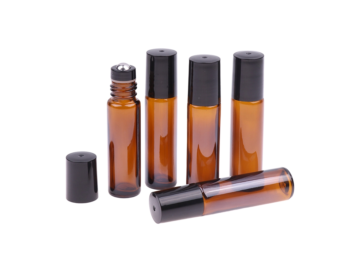 Frasco Rolo de Vidro Fino Âmbar de 10ml para Teste de Óleos Essenciais, com Esfera Metálica. MDUG