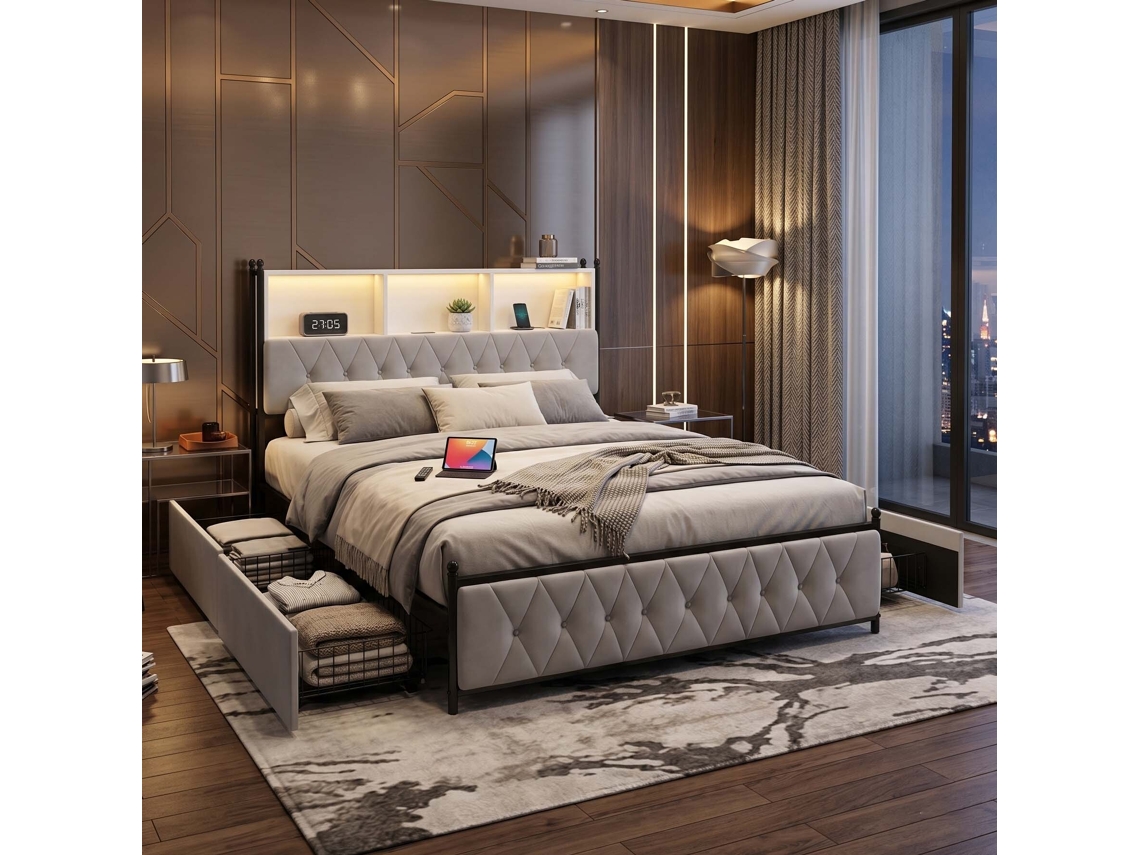 Cama de Casal Veludo Bege com Led RGB, Cabeceira com Armazenamento, USB e 4 Gavetas (160x200 cm)