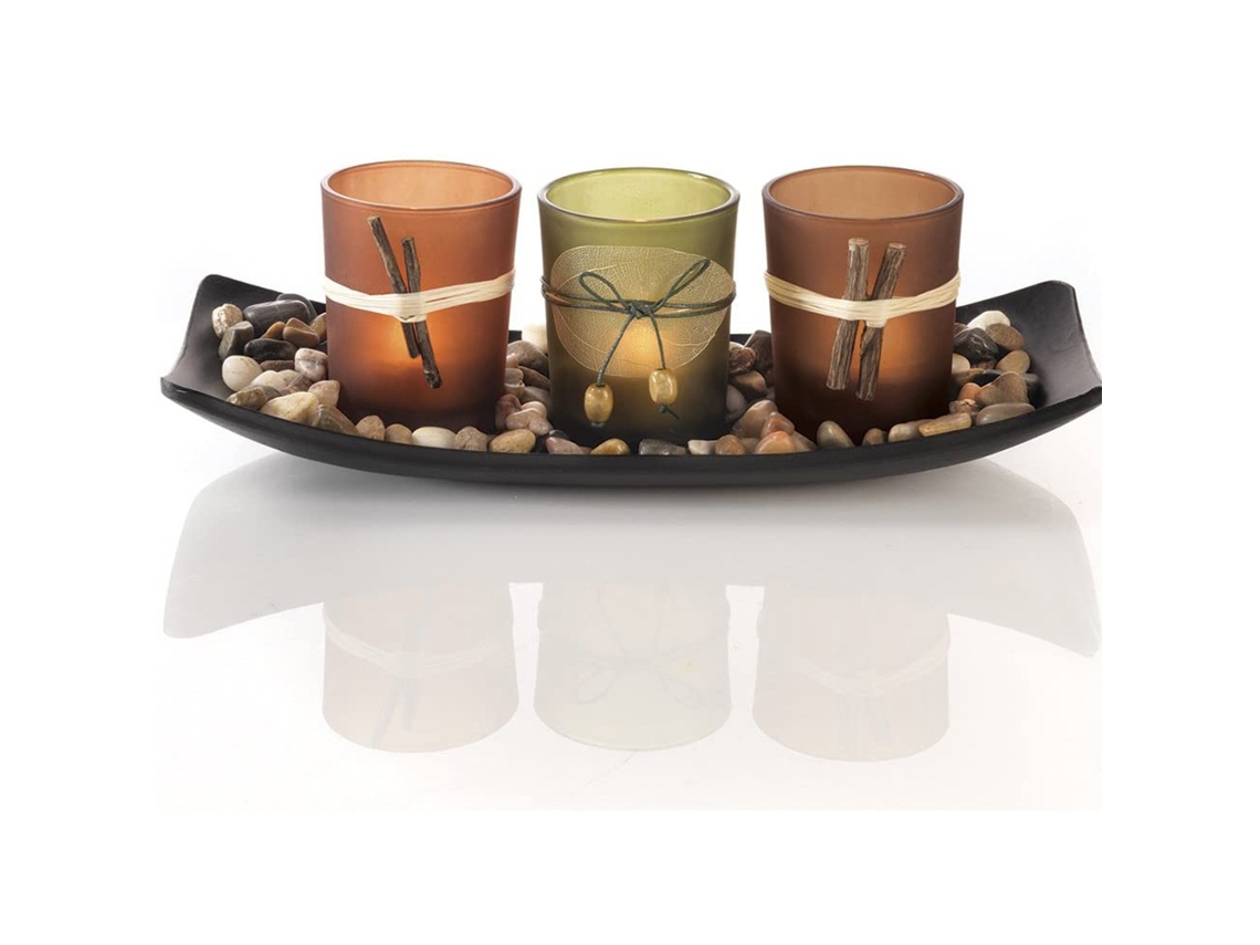 Conjunto de Velas Naturais 3 Castiçais Decorativos Pedras e Bandeja