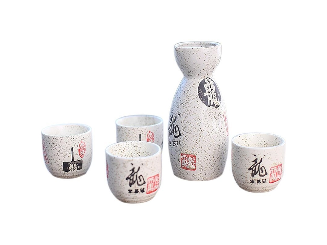 Conjunto De Sake Japonês Tradicional Com 4 Copos E 1 Cárraca De Porcelana Estilo Zen Asiático Ideogramas Kanji