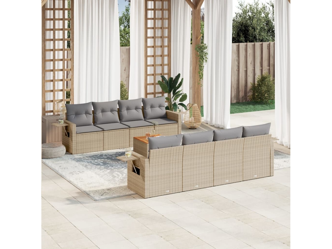 Vidaxl 9 Pcs Conjunto De Sofás P/ Jardim Com Almofadões Vime Pe Bege