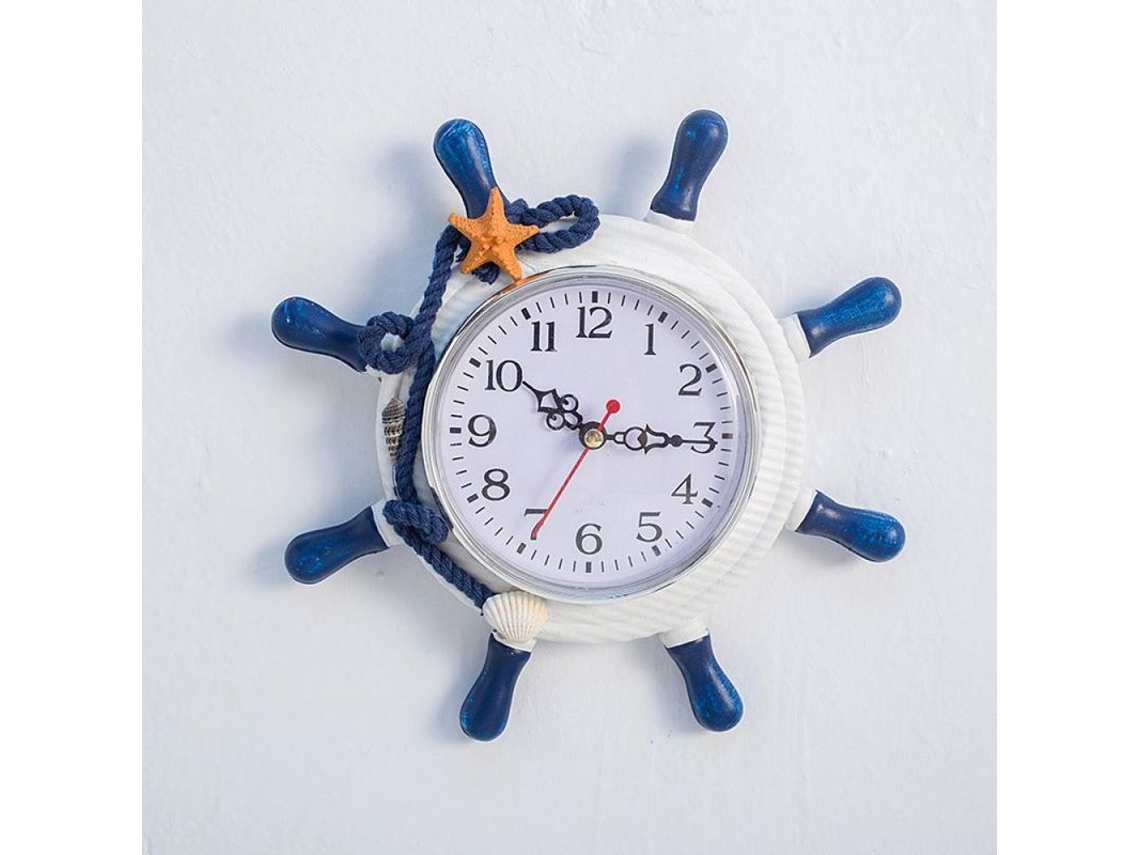 2026-reloj De Pared De Madera Estilo Mediterráneo Silencioso Náutico Ancla Rueda Decorativo Para Bar Hogar Decoración 02-azul