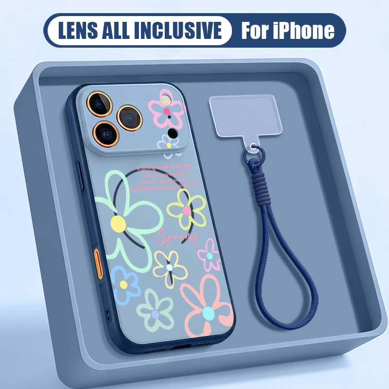 Capa Rígida Para Iphone 17 Pro Max Com Estampa Floral De Desenho Animado E Cordão Magnético (azul).