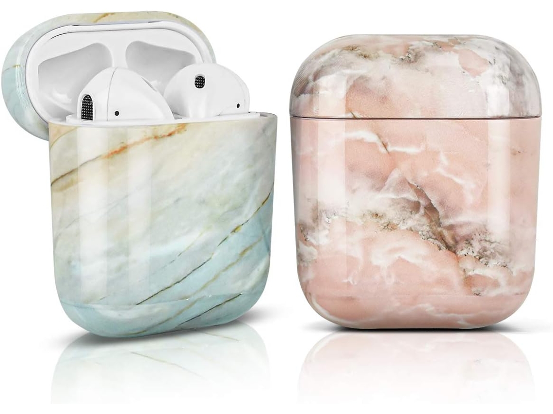 Capa Couro Mármore Bege/rosa Para Airpods 1/2, Anti-choque, Compatível Qi