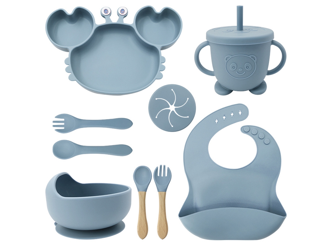 9 Conjuntos De Talheres De Silicone Azul Para Bebês: Pratinhos, Tigelas, Copos, Aventais E Talheres Com Estampa De Caranguejo
