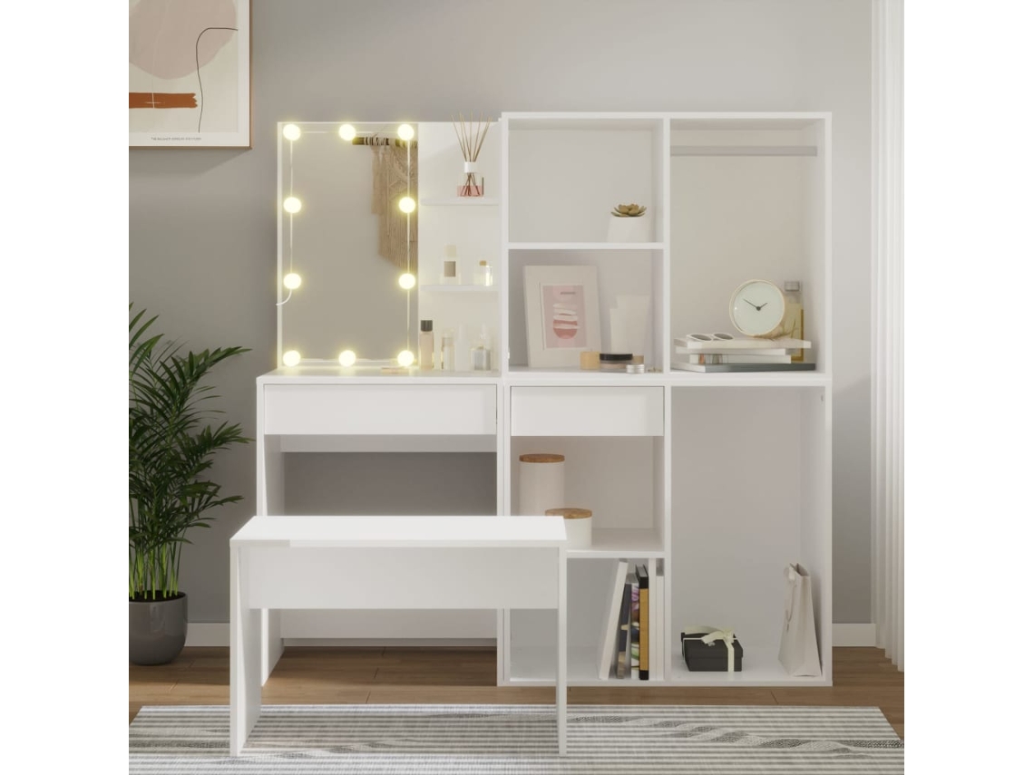 Vidaxl Conjunto Toucador Com Leds Madeira Processada Branco