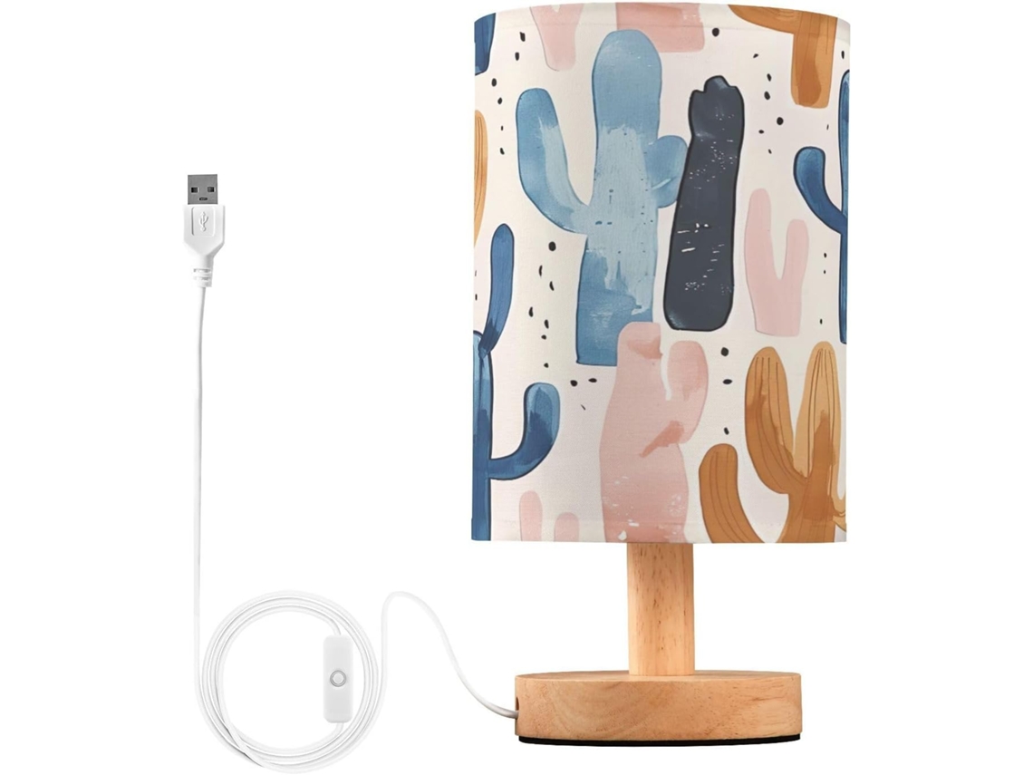Abajur De Cabeceira Em Aquarela Com Estampa Cacto, Portas De Carregamento Usb C, Luminária De Mesa Cabeceira, Luminária