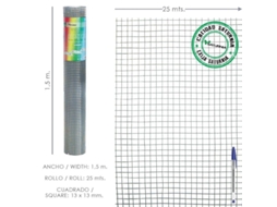 Malla electrosoldada galvanizada 13x13 / 150 cm. rollo 25 metros uso domestico