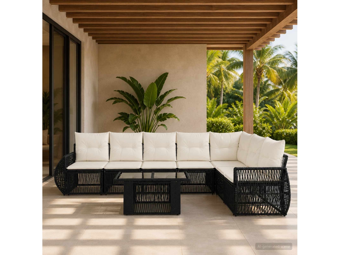 Vidaxl Conjunto De Sofá De Jardim 8 Unid. Preto E Branco Creme Vime Pe