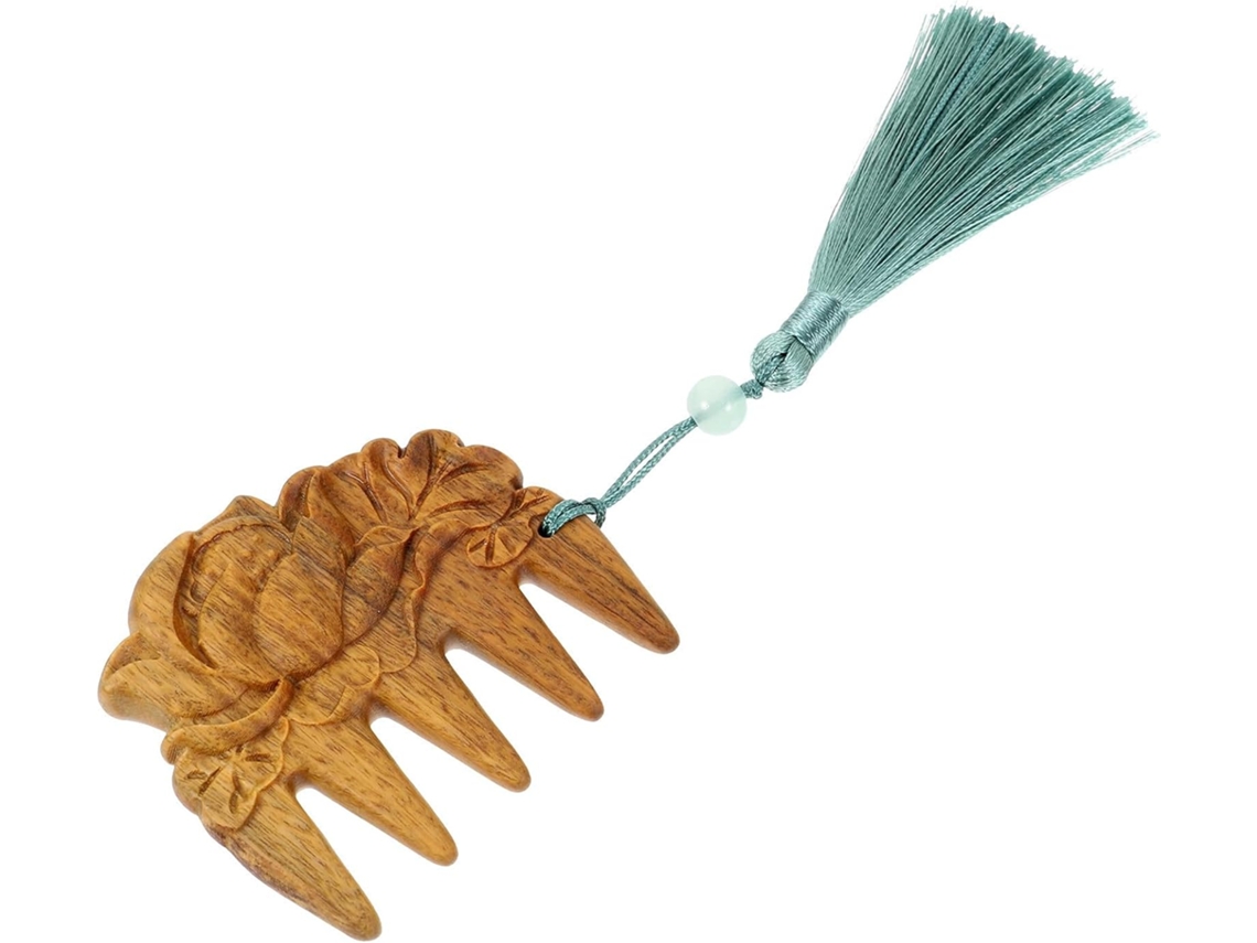 Bolsa Madeira Pente com estampa de dentes longos e flor de lótus, cor clara.