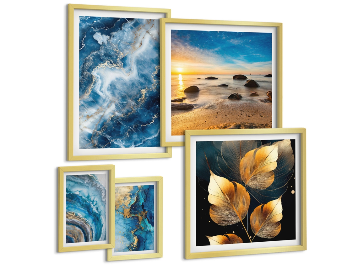 Pinturas Murais Modernas Lago De Montanha, Barcos, Casa Moldura Dourada Fotos Para O Escritório Espelharte (conjunto De 5 Imagens)