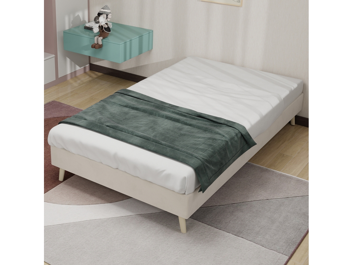 Cama Solteiro Bege 90x200cm, Veludo Holandês, Caixa Baixa (s/ Elevador/cabeceira/colchão). -op