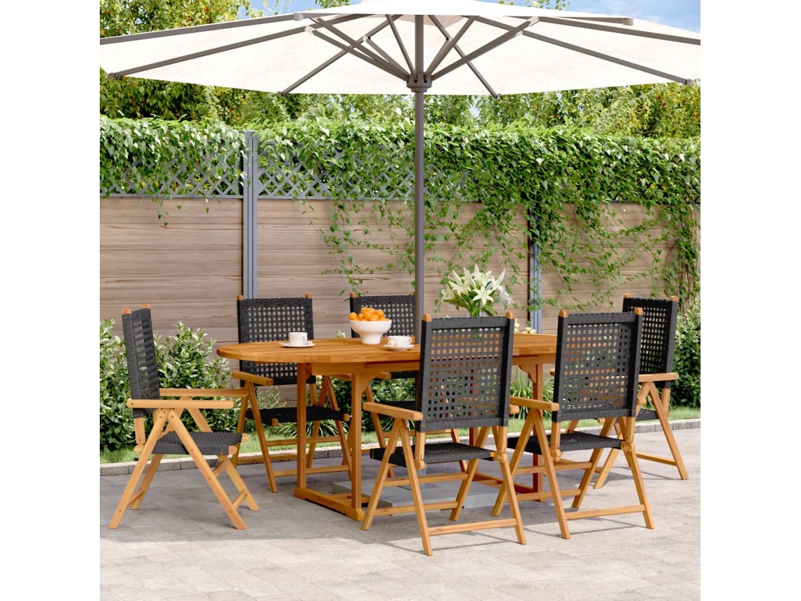 Conjunto 7 Peças Jantar P/ Jardim Vime Pe/madeira Maciça Preto Dkd Home Decor