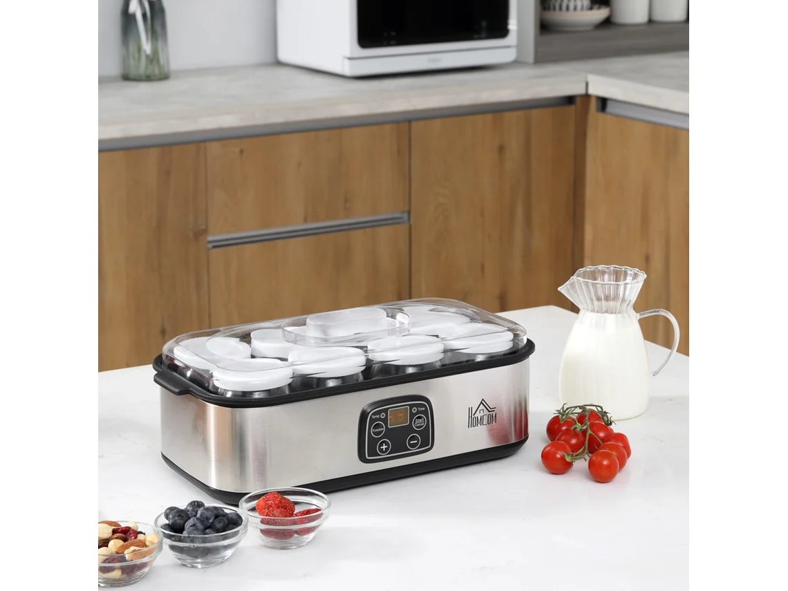 Yogurteira Elétrica 25w Com 8 Potinhos Incluídos, Temporizador 1-48 Horas E Temperatura Regulável 20-50°c, 36x18.8x14cm, Prata