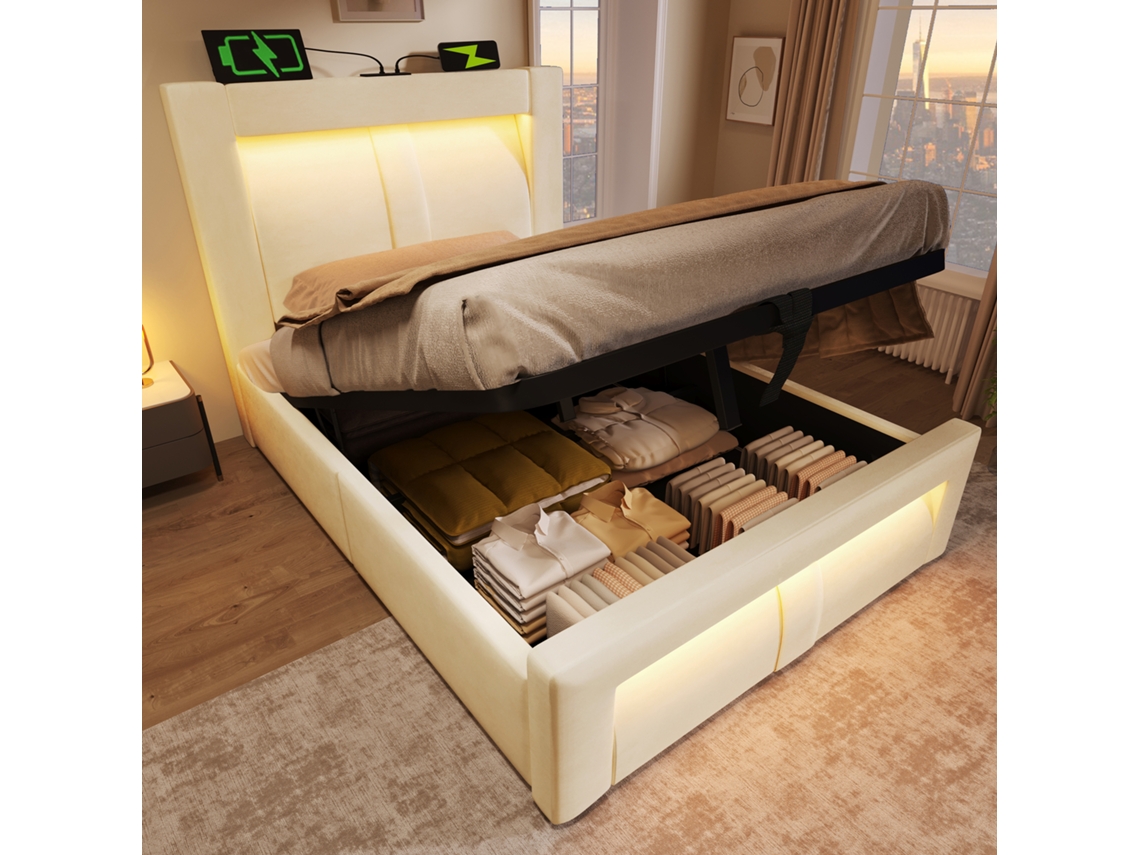 Cama Solteiro 90x200cm Armazenamento Led App Usb Type-c Bege