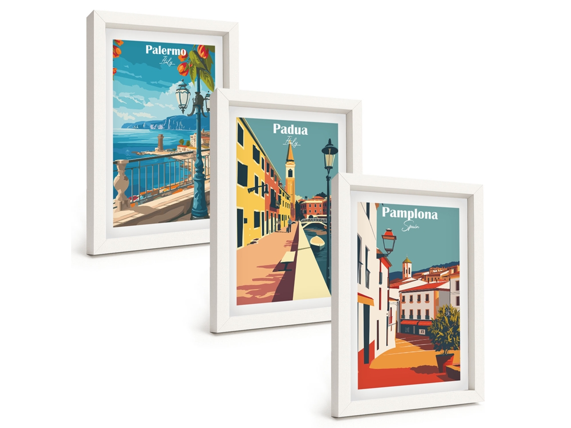 Um Conjunto De Imagens Decorativas Em Uma Moldura Ilustrações De Cidades Retrô Moldura Branca Pinturas De Quarto Espelharte (3 Peças 20x30 Cm)