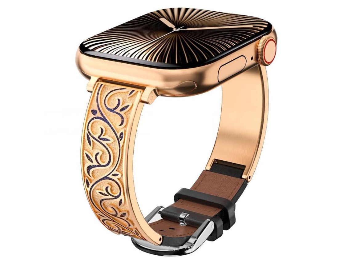Bracelete Para Apple Watch 42/41/40/38mm - Híbrida Aço Inoxidável Com Couro Genuíno E Entalhe Floral Retrô Ouro Rosa + Preto