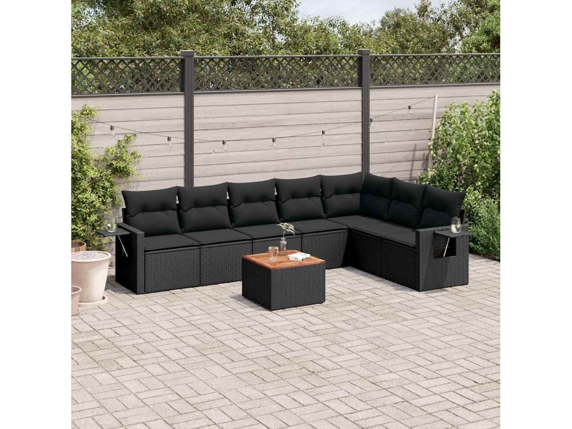 Vidaxl 8 Pcs Conjunto Sofás De Jardim Com Almofadões Vime Pe Preto