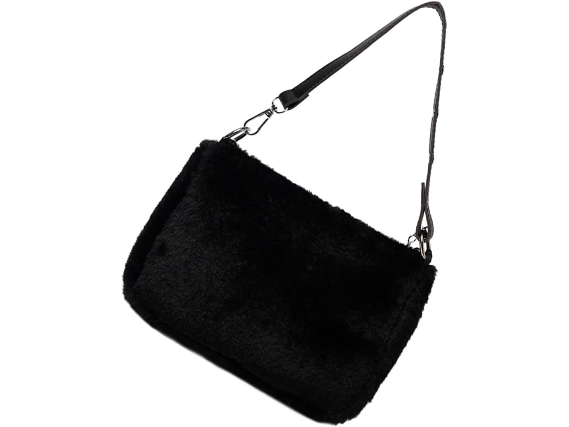Bolsa De Ombro Feminina Grande, Preta E Aveludada, Com Fechamento Prático Em Zíper E Design Elegante.