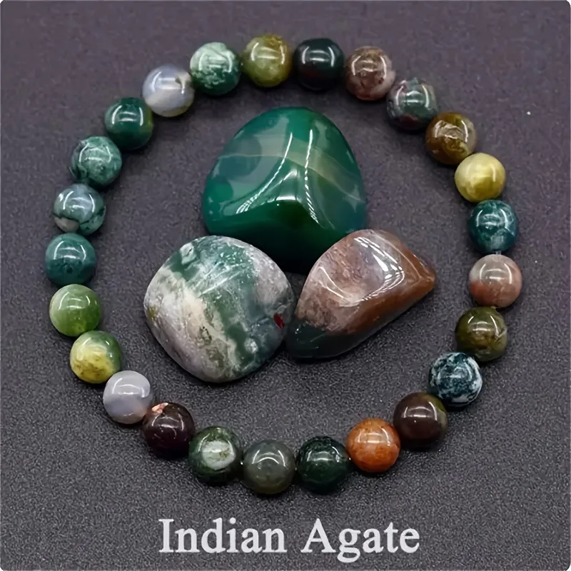 Pulseira De Contas De Pedra Natural (ágata Indiana, 21 Cm) Para Ioga, Cura Reiki, Amuleto E Talismã Da Sorte.