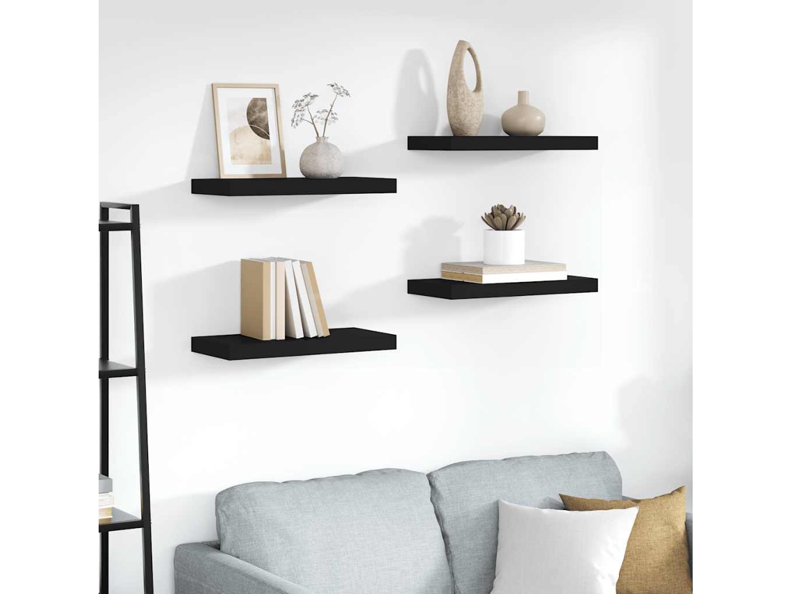 4 Pcs Prateleiras De Parede Suspensas | Estante 50x23x3,8cm Mdf Preto