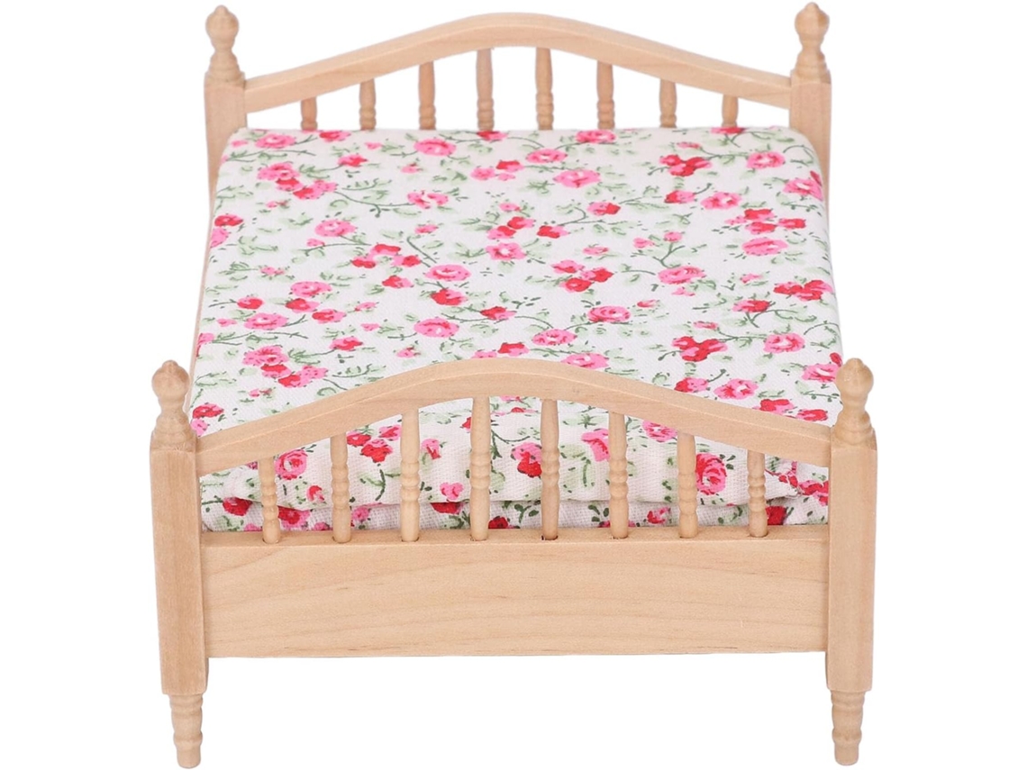 Cama em Miniatura para Casa de Bonecas SFUSHOS com Detalhes em Madeira e Design Floral