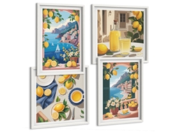Composição De Quadros Janela Com Vista Para O Mar, Limões Italianos Moldura Branca Pinturas De Quarto Espelharte (conjunto De 4 Imagens)