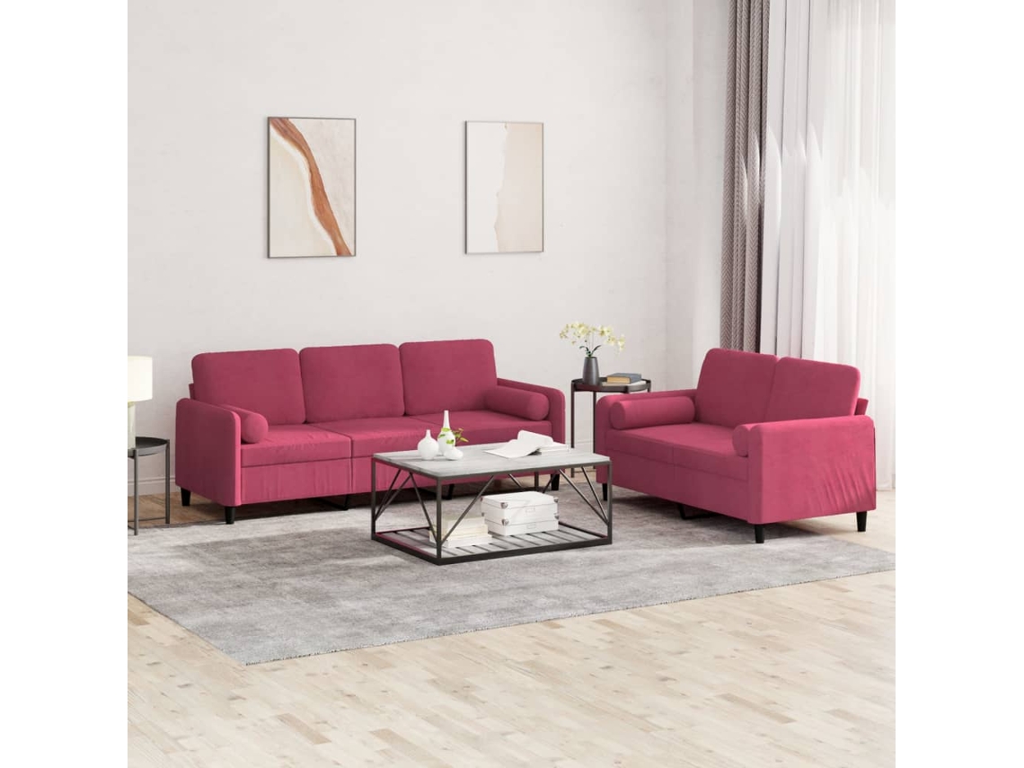 Vidaxl 2 Pcs Conjunto De Sofás Com Almofadas Veludo Vermelho-tinto