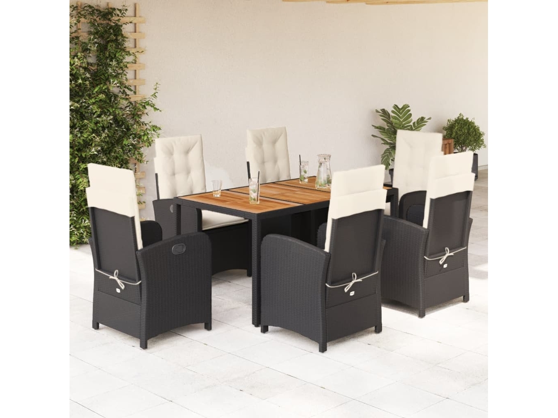 Vidaxl 7 Pcs Conjunto De Jantar P/ Jardim C/ Almofadões Vime Pe Preto