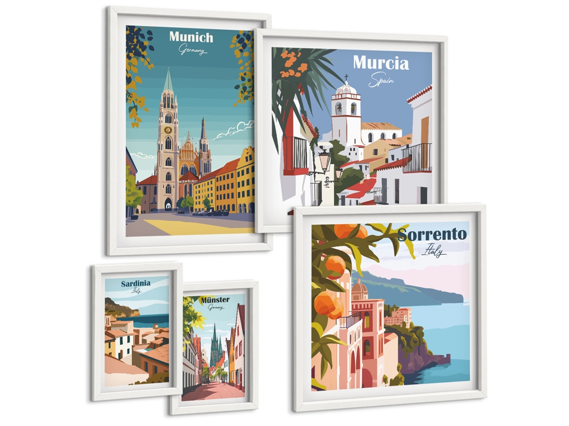 Conjunto De Pinturas Montanhas Em Tons Pastel, Estilo Japonês Moldura Branca Quadros Para O Escritório Espelharte (conjunto De 5 Imagens)