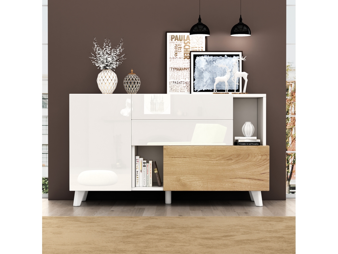 Buffet Brilhante 130x40x70cm 2 Portas 2 Gavetas Com Compartimentos De Arrumação Branco Estilo