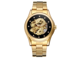 Relógio mecânico automático masculino Forsining Hollow Dragon (mostrador preto, pulseira dourada)