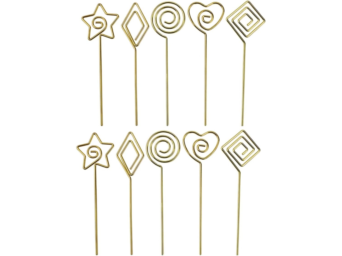 Conjunto genérico de 10 prendedores multiuso na cor dourada para fixar números de mesa e quadros, ideal para sala de estar.