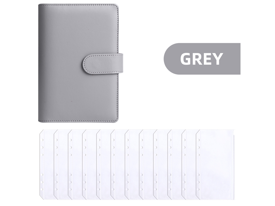 A6 Loose Leaf Budget Planner With Zipper Pouch, Grey Macaron Pu Leather Cover, Cash Organizer, Savings Ledger, Home