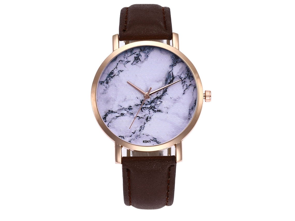 Relógio de casal Zhoulianfa com mostrador de mármore branco, movimento de quartzo e pulseira de PU marrom.