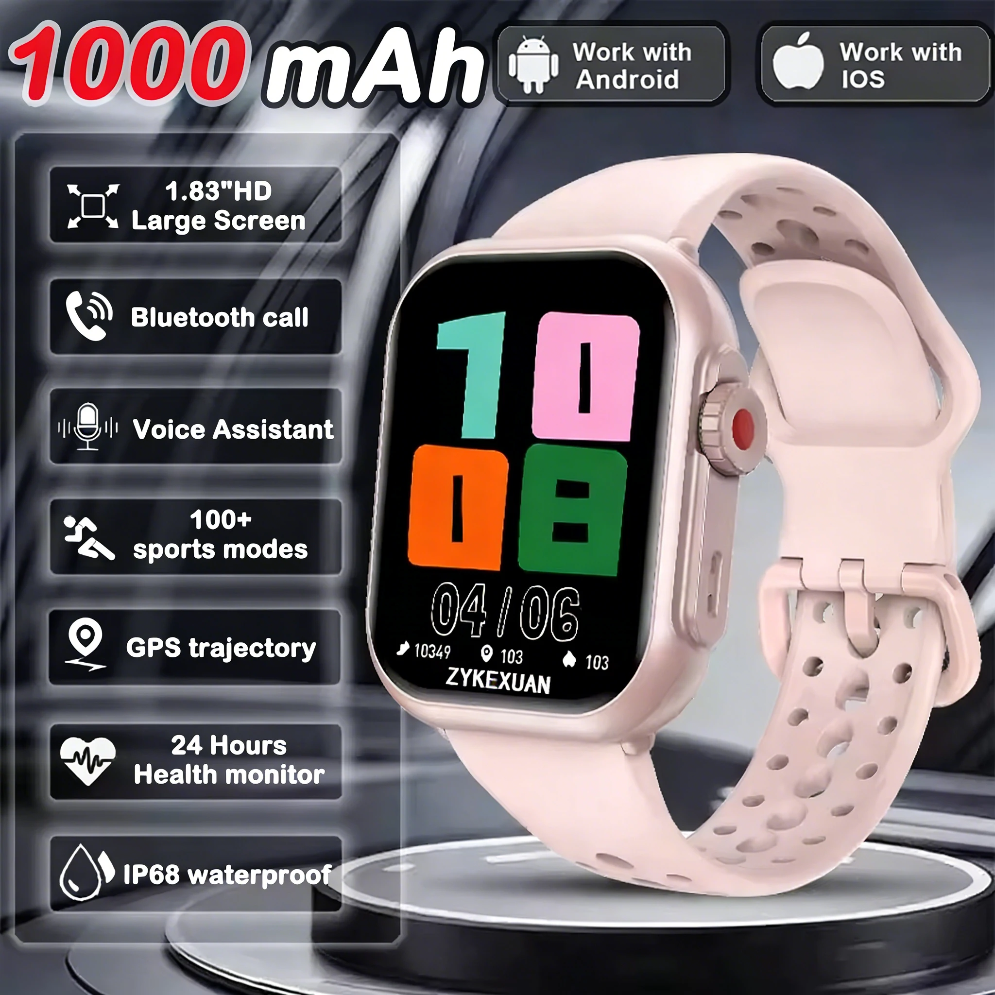 Smartwatch MDUG com tela sensível ao toque HD Amoled de 1.83 polegadas, IP68, chamadas Bluetooth, rosa