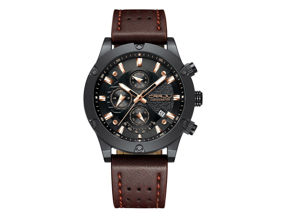 Reloj Hombre Deportivo Analógico De Cuarzo Impermeable Con Correa Pu Marrón Negro+oro Rosa
