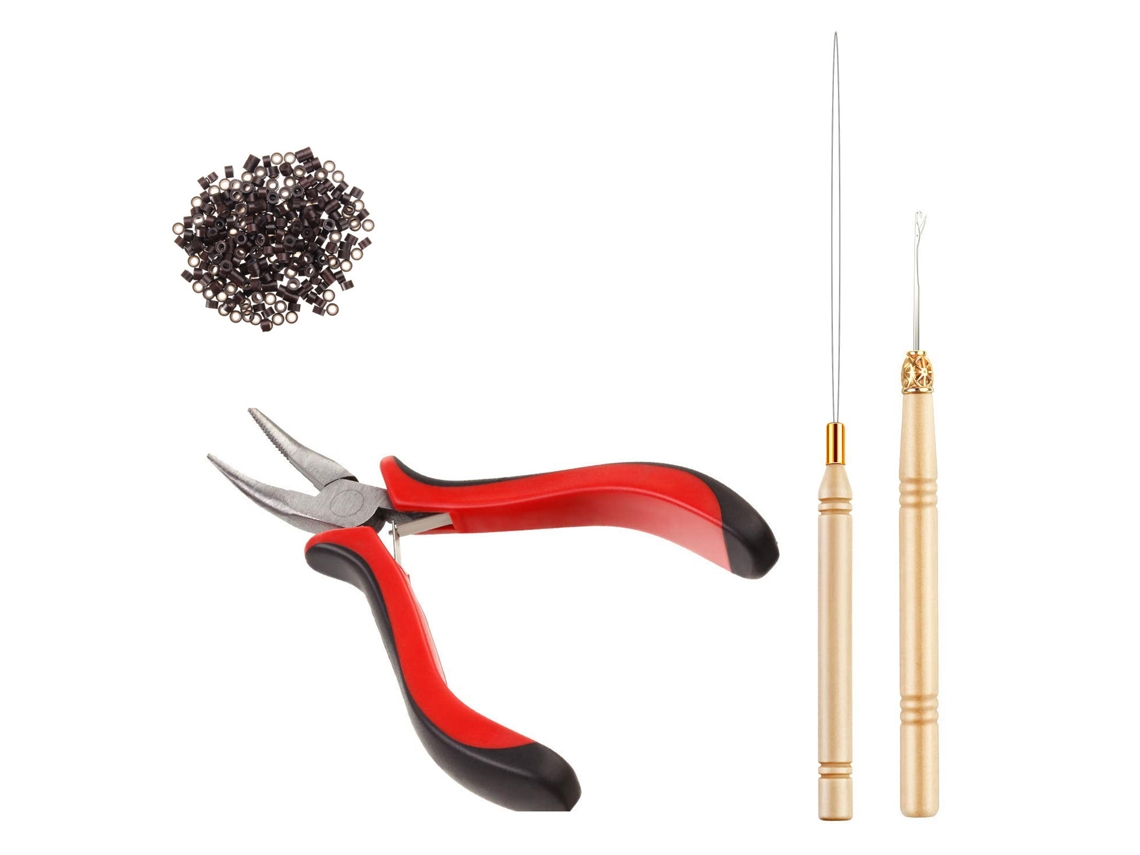 Kit De Gancho De Crochê Para Perucas Com Alicate E 200 Pérolas Para Extensões De Cabelo Metal 200pcs