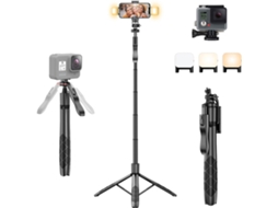 Bastão de Selfie com Tripé e Luz para Celular, Suporte 157 Cm Gravação Selfies, Giratório AQUAFORGE